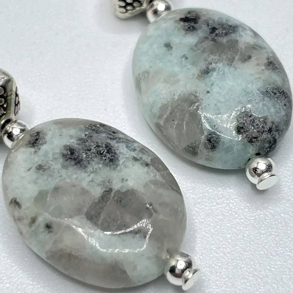 Artisan Silver Kiwi Jasper Stone Oval Beaded Dangle Earrings Boho Cute